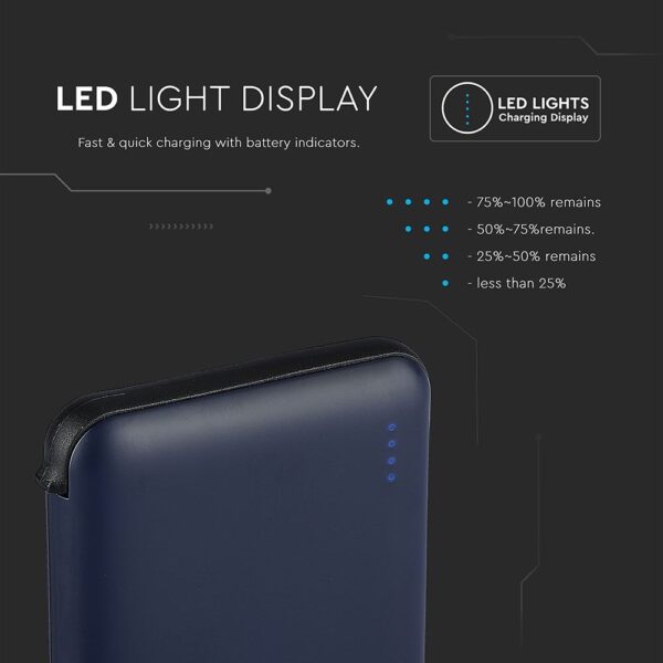 Power Bank 5000mAh Μπλε V-TAC με ενσωματωμένο καλώδιο – 8868