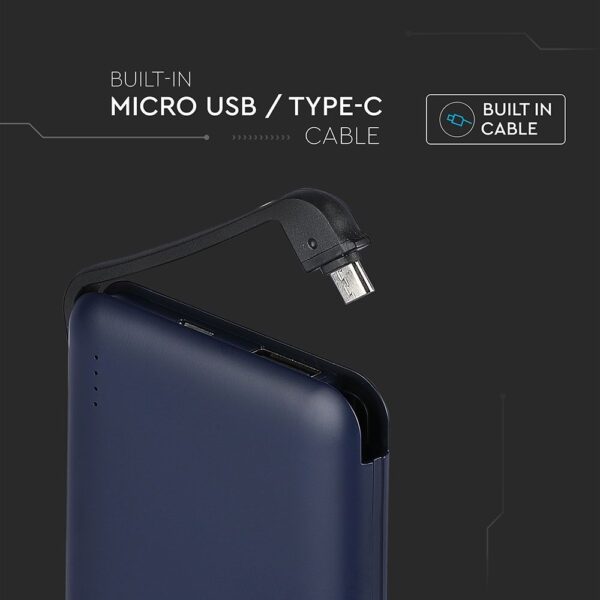 Power Bank 5000mAh Μπλε V-TAC με ενσωματωμένο καλώδιο – 8868