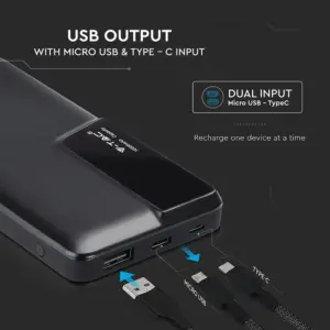 Power Bank 10000mAh με μαύρο σώμα USB Type-C V-TAC – 8869
