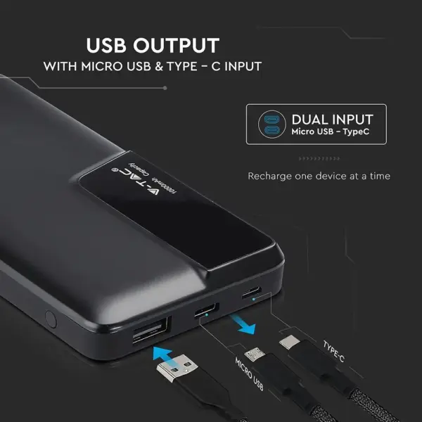 Power Bank 10000mAh με μαύρο σώμα USB Type-C V-TAC – 8869