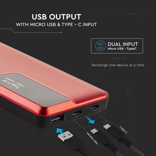 Power Bank 10000mAh με κόκκινο σώμα USB Type-C V-TAC – 8871