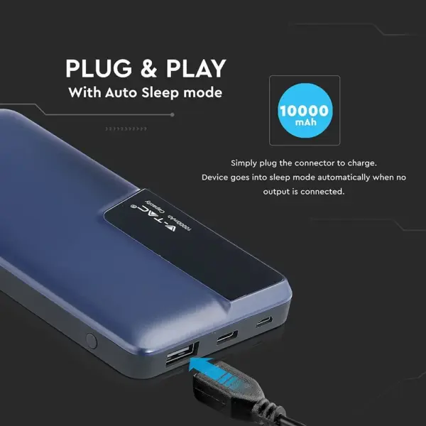 Power Bank 10000mAh με μπλε σώμα USB Type-C V-TAC – 8872