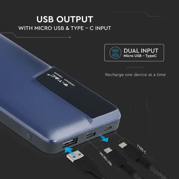 Power Bank 10000mAh με μπλε σώμα USB Type-C V-TAC – 8872
