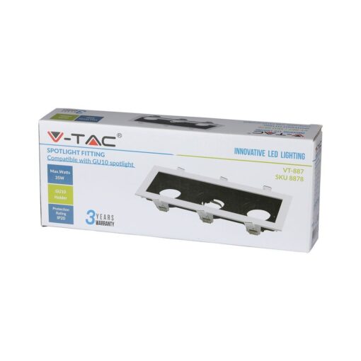 Τριπλή Βάση Σποτ GU10 – MR16 V-TAC Χωνευτή Ρυθμιζόμενη Λευκό+Μαύρο – 8878