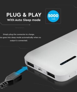 Power Bank 5000mAh με 2 Θύρες USB Λευκό V-TAC – 8893
