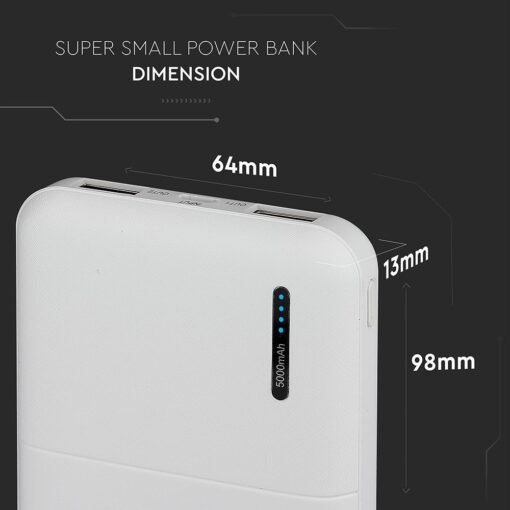 Power Bank 5000mAh με 2 Θύρες USB Λευκό V-TAC – 8893