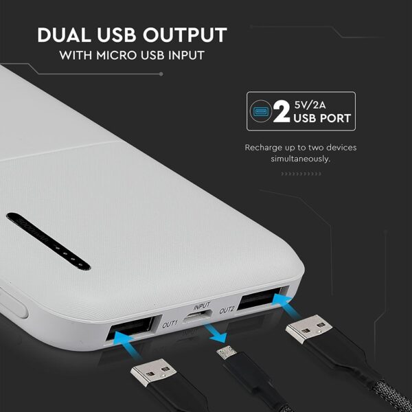 Power Bank 5000mAh με 2 Θύρες USB Λευκό V-TAC – 8893
