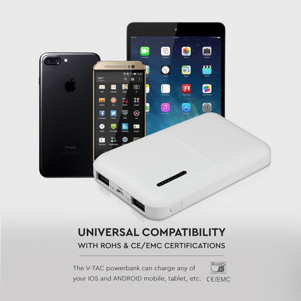 Power Bank 5000mAh με 2 Θύρες USB Λευκό V-TAC – 8893