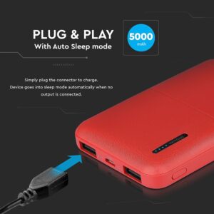 Power Bank 5000mAh με 2 Θύρες USB Κόκκινο V-TAC – 8894