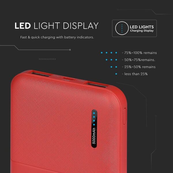 Power Bank 5000mAh με 2 Θύρες USB Κόκκινο V-TAC – 8894