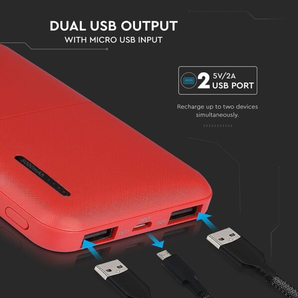 Power Bank 5000mAh με 2 Θύρες USB Κόκκινο V-TAC – 8894