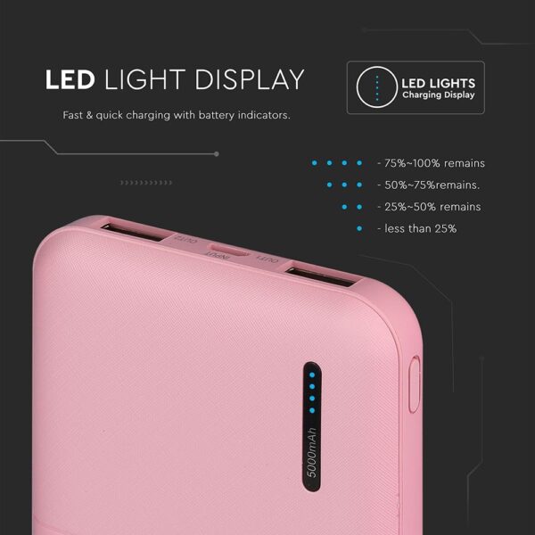 Power Bank 5000mAh με 2 Θύρες USB Ροζ V-TAC – 8895