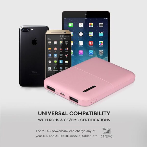 Power Bank 5000mAh με 2 Θύρες USB Ροζ V-TAC – 8895