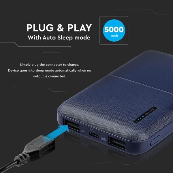 Power Bank 5000mAh με 2 Θύρες USB Μπλε Σκούρο V-TAC – 8896