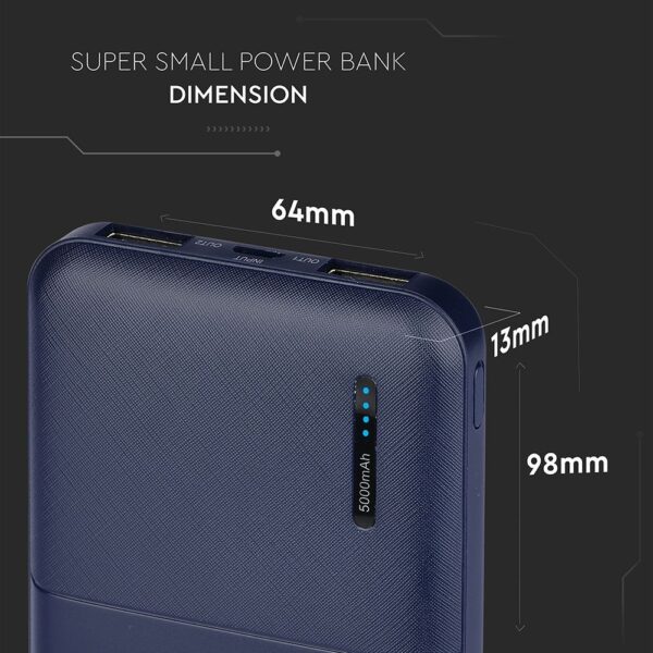 Power Bank 5000mAh με 2 Θύρες USB Μπλε Σκούρο V-TAC – 8896
