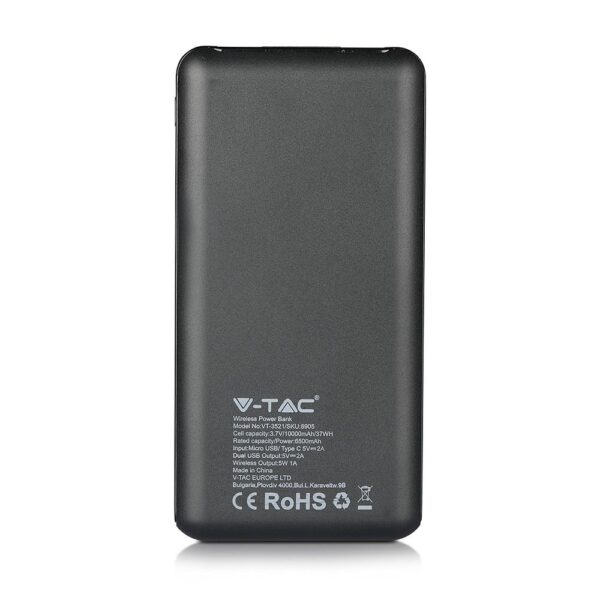 Power Bank 10000mAh, ασύρματο, μαύρο σώμα με 2 θύρες USB + TYPE C και ψηφιακή οθόνη V-TAC – 8905