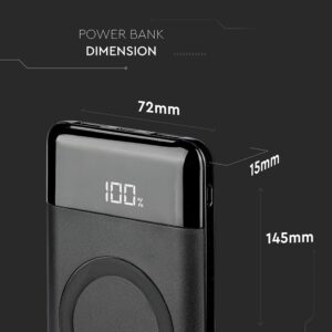 Power Bank 10000mAh, ασύρματο, μαύρο σώμα με 2 θύρες USB + TYPE C και ψηφιακή οθόνη V-TAC – 8905