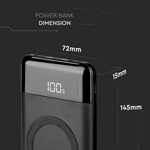 Power Bank 10000mAh, ασύρματο, μαύρο σώμα με 2 θύρες USB + TYPE C και ψηφιακή οθόνη V-TAC – 8905