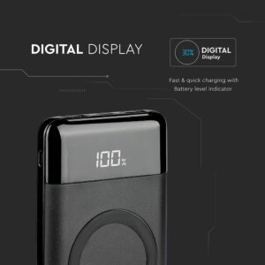 Power Bank 10000mAh, ασύρματο, μαύρο σώμα με 2 θύρες USB + TYPE C και ψηφιακή οθόνη V-TAC – 8905