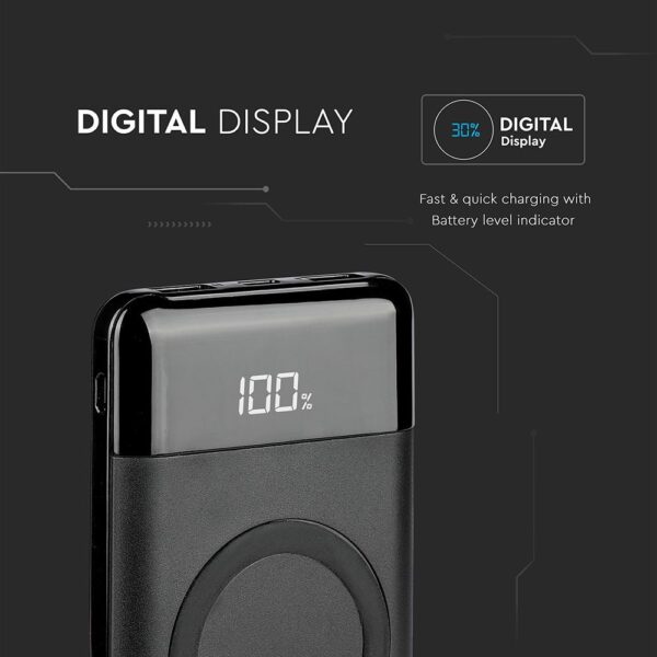 Power Bank 10000mAh, ασύρματο, μαύρο σώμα με 2 θύρες USB + TYPE C και ψηφιακή οθόνη V-TAC – 8905