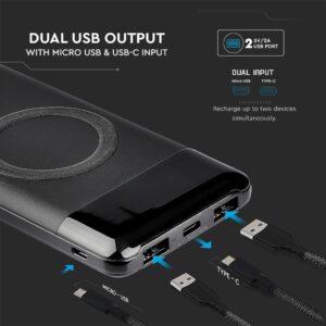 Power Bank 10000mAh, ασύρματο, μαύρο σώμα με 2 θύρες USB + TYPE C και ψηφιακή οθόνη V-TAC – 8905