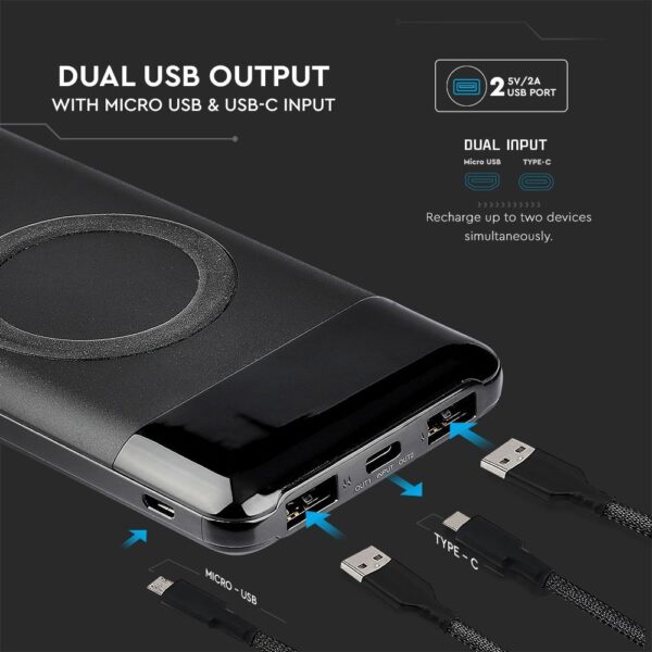 Power Bank 10000mAh, ασύρματο, μαύρο σώμα με 2 θύρες USB + TYPE C και ψηφιακή οθόνη V-TAC – 8905
