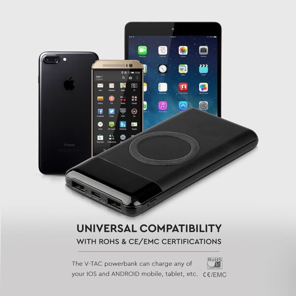 Power Bank 10000mAh, ασύρματο, μαύρο σώμα με 2 θύρες USB + TYPE C και ψηφιακή οθόνη V-TAC – 8905