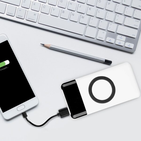 Power Bank 10000mAh, ασύρματο, λευκό σώμα με 2 θύρες USB + TYPE C και ψηφιακή οθόνη V-TAC – 8906