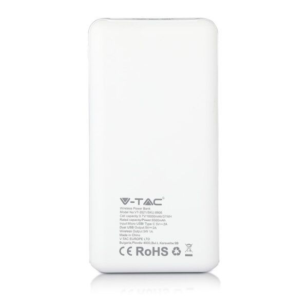 Power Bank 10000mAh, ασύρματο, λευκό σώμα με 2 θύρες USB + TYPE C και ψηφιακή οθόνη V-TAC – 8906