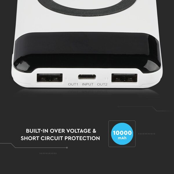 Power Bank 10000mAh, ασύρματο, λευκό σώμα με 2 θύρες USB + TYPE C και ψηφιακή οθόνη V-TAC – 8906