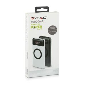 Power Bank 10000mAh, ασύρματο, λευκό σώμα με 2 θύρες USB + TYPE C και ψηφιακή οθόνη V-TAC – 8906