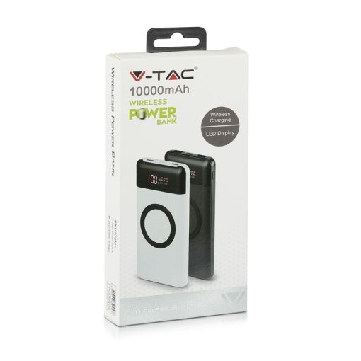 Power Bank 10000mAh, ασύρματο, λευκό σώμα με 2 θύρες USB + TYPE C και ψηφιακή οθόνη V-TAC – 8906