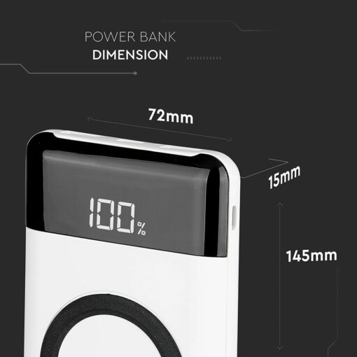 Power Bank 10000mAh, ασύρματο, λευκό σώμα με 2 θύρες USB + TYPE C και ψηφιακή οθόνη V-TAC – 8906