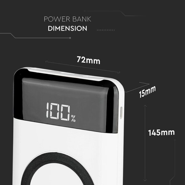 Power Bank 10000mAh, ασύρματο, λευκό σώμα με 2 θύρες USB + TYPE C και ψηφιακή οθόνη V-TAC – 8906