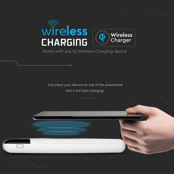 Power Bank 10000mAh, ασύρματο, λευκό σώμα με 2 θύρες USB + TYPE C και ψηφιακή οθόνη V-TAC – 8906