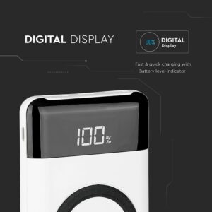 Power Bank 10000mAh, ασύρματο, λευκό σώμα με 2 θύρες USB + TYPE C και ψηφιακή οθόνη V-TAC – 8906