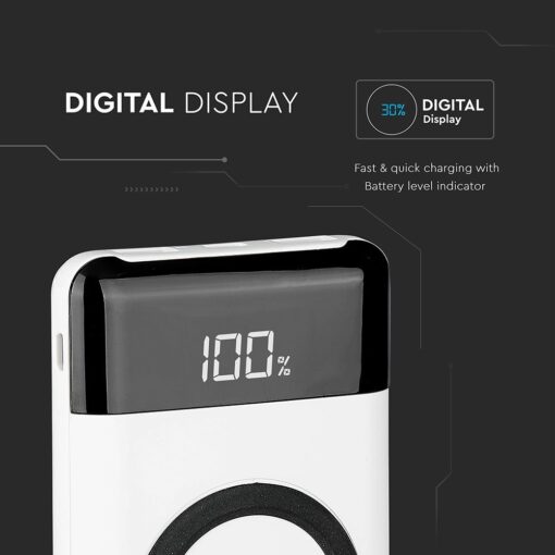 Power Bank 10000mAh, ασύρματο, λευκό σώμα με 2 θύρες USB + TYPE C και ψηφιακή οθόνη V-TAC – 8906