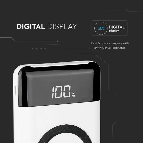 Power Bank 10000mAh, ασύρματο, λευκό σώμα με 2 θύρες USB + TYPE C και ψηφιακή οθόνη V-TAC – 8906