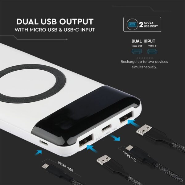 Power Bank 10000mAh, ασύρματο, λευκό σώμα με 2 θύρες USB + TYPE C και ψηφιακή οθόνη V-TAC – 8906