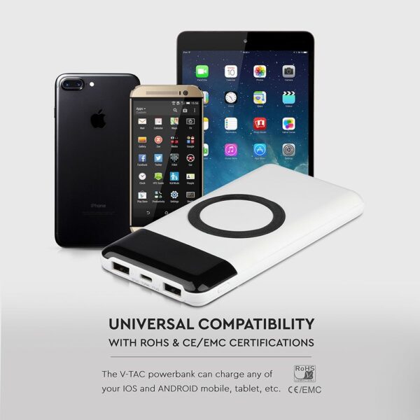 Power Bank 10000mAh, ασύρματο, λευκό σώμα με 2 θύρες USB + TYPE C και ψηφιακή οθόνη V-TAC – 8906