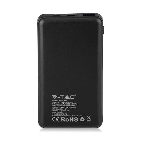 Power Bank 10000mAh, ασύρματο, μαύρο σώμα με 1 θύρα USB + TYPEC V-TAC – 8909