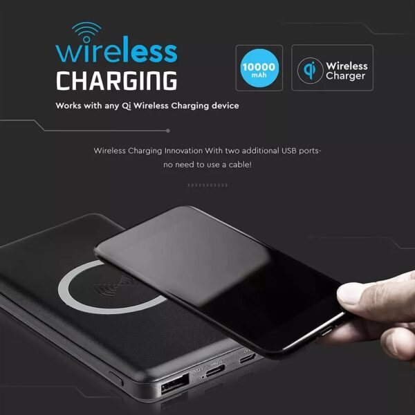Power Bank 10000mAh, ασύρματο, μαύρο σώμα με 1 θύρα USB + TYPEC V-TAC – 8909