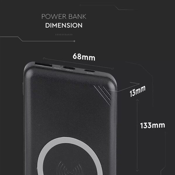 Power Bank 10000mAh, ασύρματο, μαύρο σώμα με 1 θύρα USB + TYPEC V-TAC – 8909