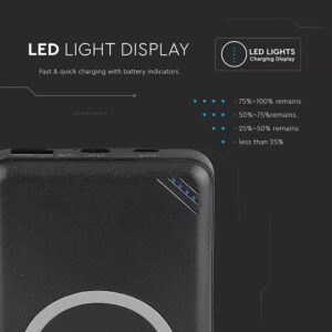 Power Bank 10000mAh, ασύρματο, μαύρο σώμα με 1 θύρα USB + TYPEC V-TAC – 8909
