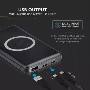 Power Bank 10000mAh, ασύρματο, μαύρο σώμα με 1 θύρα USB + TYPEC V-TAC – 8909