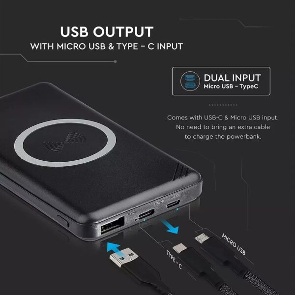 Power Bank 10000mAh, ασύρματο, μαύρο σώμα με 1 θύρα USB + TYPEC V-TAC – 8909