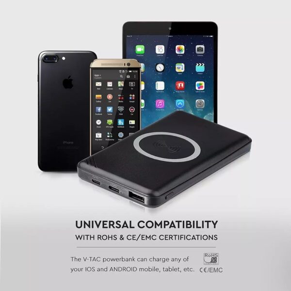 Power Bank 10000mAh, ασύρματο, μαύρο σώμα με 1 θύρα USB + TYPEC V-TAC – 8909