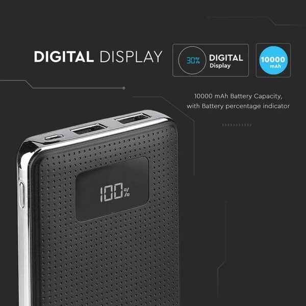 Power Bank 10000mAh με οθόνη και μαύρο σώμα με 2 θύρες USB V-TAC – 8910