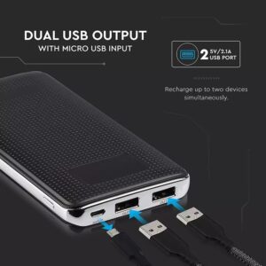 Power Bank 10000mAh με οθόνη και μαύρο σώμα με 2 θύρες USB V-TAC – 8910