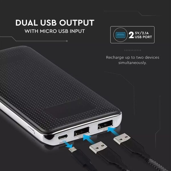 Power Bank 10000mAh με οθόνη και μαύρο σώμα με 2 θύρες USB V-TAC – 8910